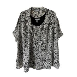 Kate Hill | Black Tan Silk Two Piece Leaf Print Blouse, Size 1X